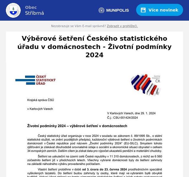 Náhledový obrázek článku: Výběrové šetření Českého statistického úřadu v domácnostech - Životní podmínky 2024