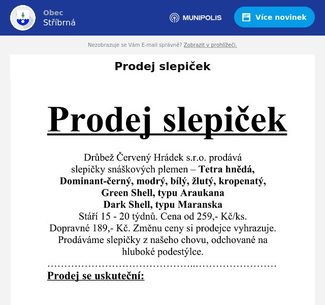 Náhledový obrázek článku: Prodej slepiček