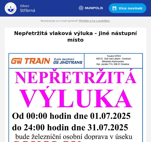 Náhledový obrázek článku: Nepřetržitá vlaková výluka - jiné nástupní místo