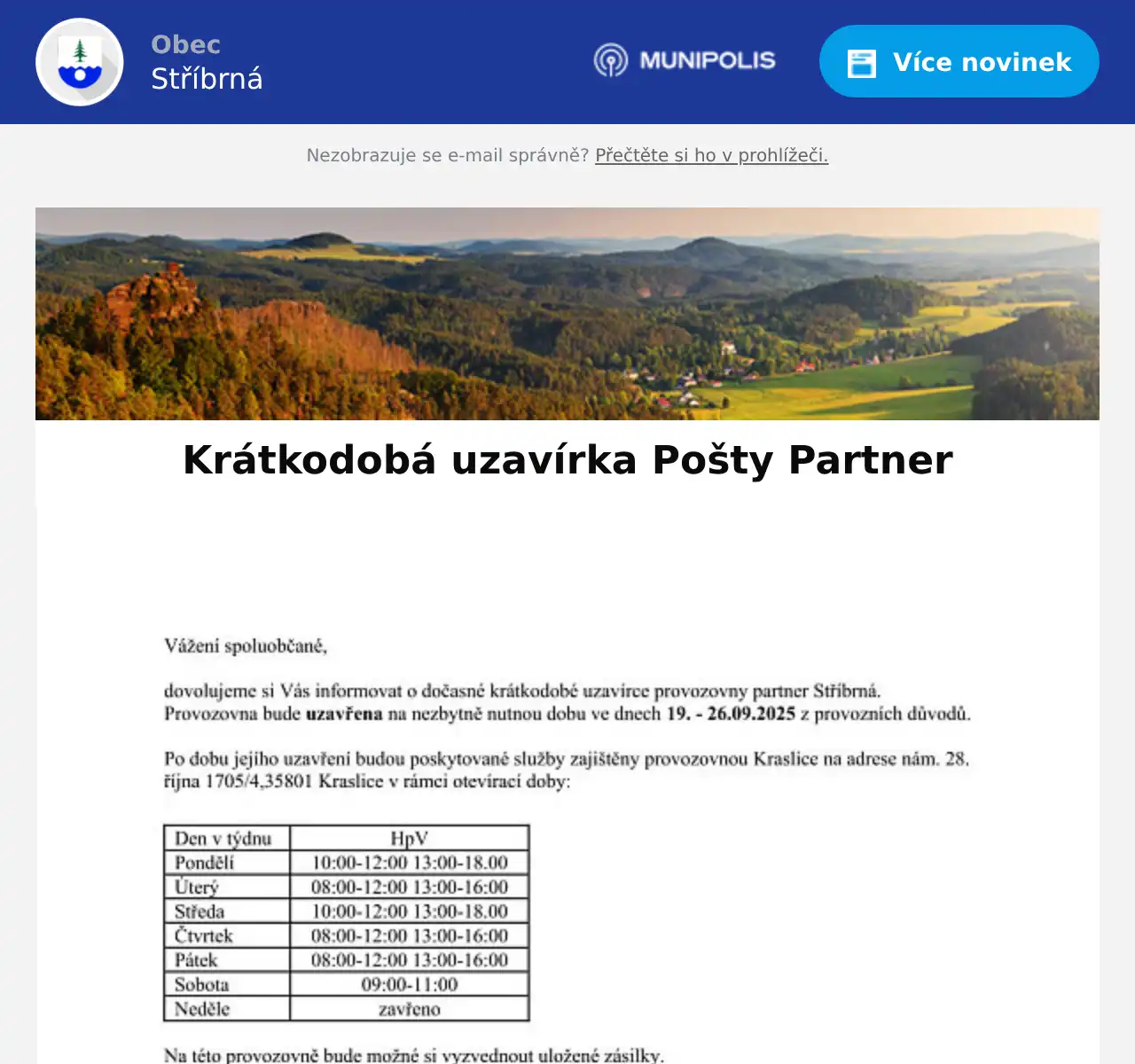 Náhledový obrázek článku: Krátkodobá uzavírka Pošty Partner
