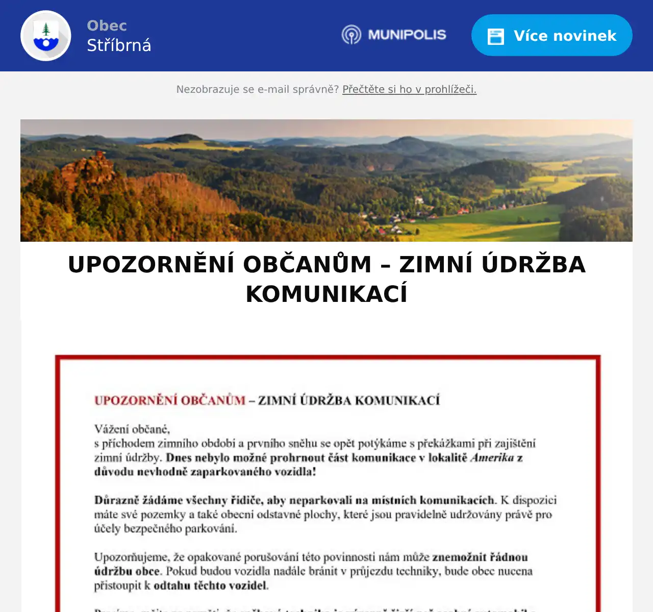 Náhledový obrázek článku: UPOZORNĚNÍ OBČANŮM – ZIMNÍ ÚDRŽBA KOMUNIKACÍ