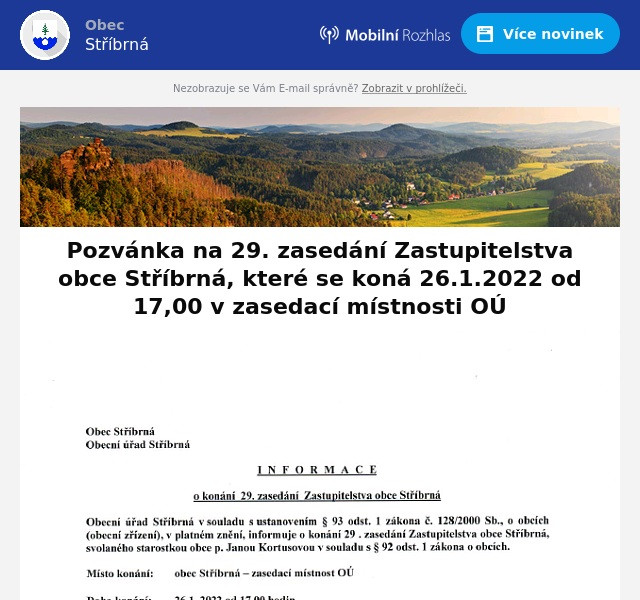 Náhledový obrázek článku: Pozvánka na 29. zasedání Zastupitelstva obce Stříbrná