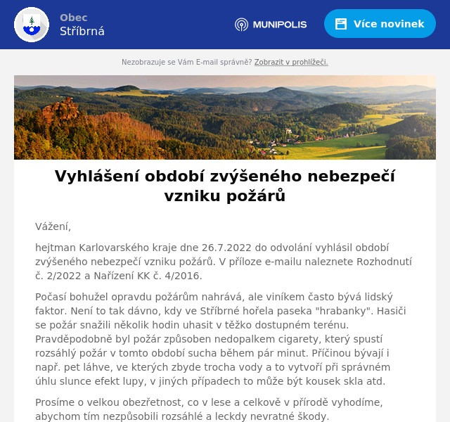 Náhledový obrázek článku: Vyhlášení období zvýšeného nebezpečí vzniku požárů