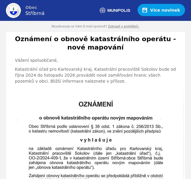 Náhledový obrázek článku: Oznámení o obnově katastrálního operátu - nové mapování