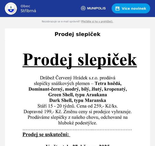 Náhledový obrázek článku: Prodej slepiček
