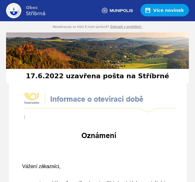 Náhledový obrázek článku: 17.6.2022 odstávka pošty ve Stříbrné