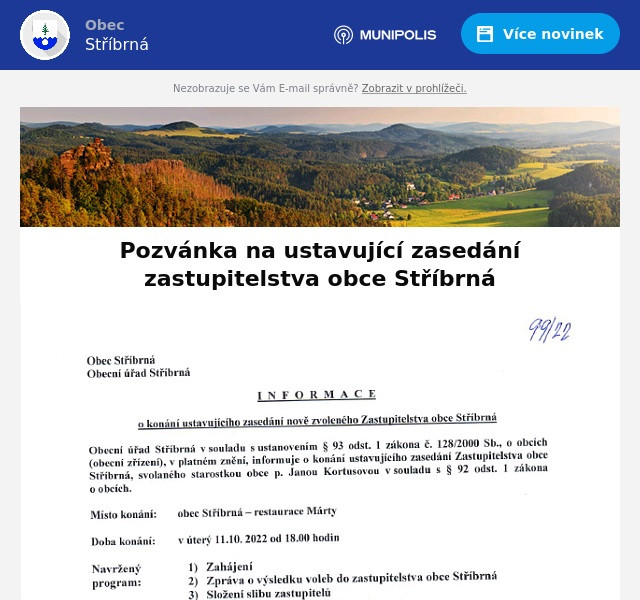 Náhledový obrázek článku: Pozvánka na ustavující zasedání zastupitelstva obce Stříbrná