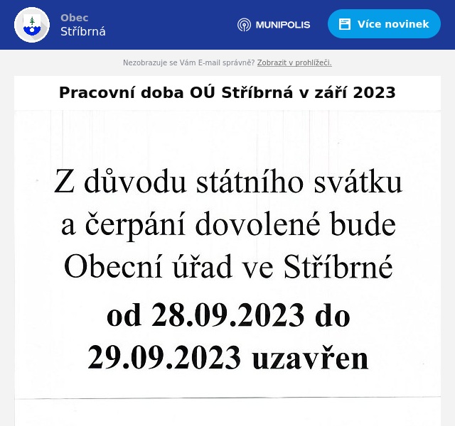 Náhledový obrázek článku: Pracovní doba OÚ Stříbrná v září 2023