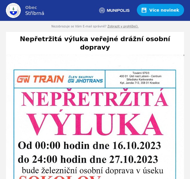 Náhledový obrázek článku: Nepřetržitá výluka veřejné drážní osobní dopravy