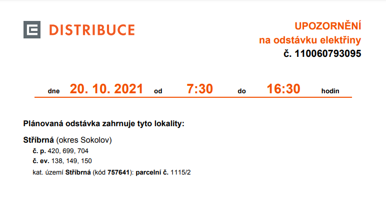 Náhledový obrázek článku: Oznámení o plánovaném přerušení dodávky el. energie č.110060798595