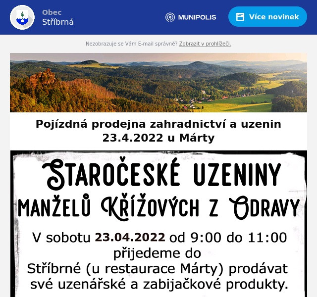 Náhledový obrázek článku: Pojízdná prodejna zahradnictví a uzenin 23.4.2022 u Márty
