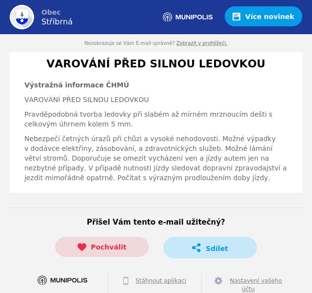 Náhledový obrázek článku: VAROVÁNÍ PŘED SILNOU LEDOVKOU