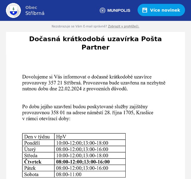 Náhledový obrázek článku: Dočasná krátkodobá uzavírka Pošty Partner