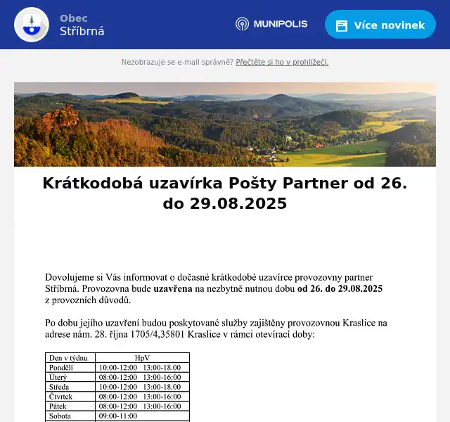 Náhledový obrázek článku: Krátkodobá uzavírka Pošty Partner