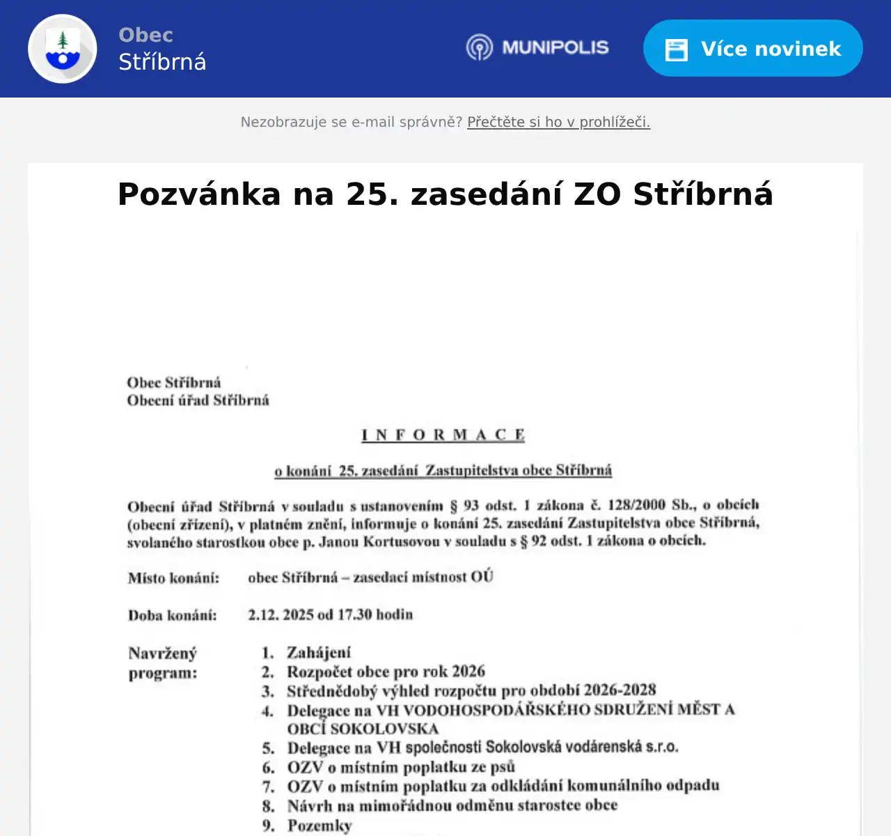 Náhledový obrázek článku: Pozvánka na 25. zasedání ZO Stříbrná