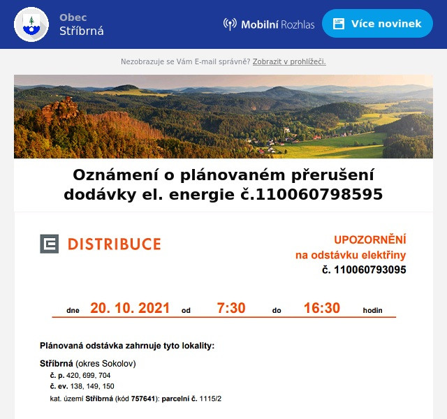 Náhledový obrázek článku: Oznámení o plánovaném přerušení dodávky el. energie č.110060798595
