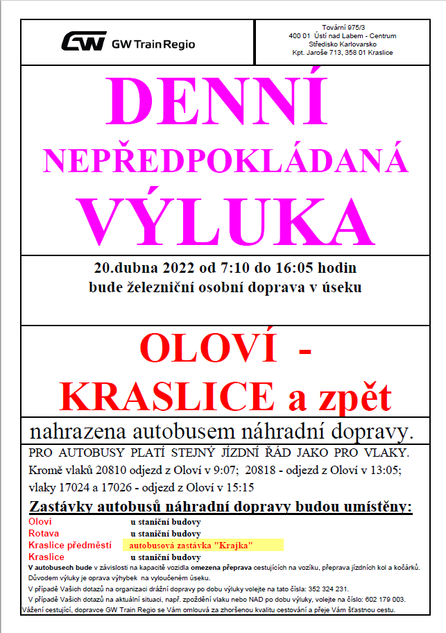 Náhledový obrázek článku: Výluka vlaku 20.4.2022