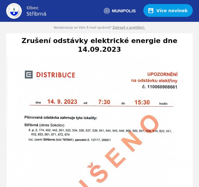 Náhledový obrázek článku: Zrušení odstávky elektrické energie