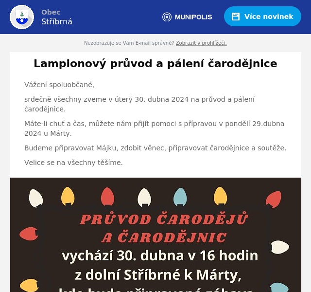 Náhledový obrázek článku: Lampionový průvod a pálení čarodějnice
