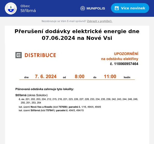 Náhledový obrázek článku: Přerušení dodávky elektrické energie dne 07.06.2024 na Nové Vsi