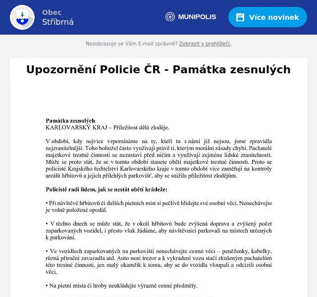 Náhledový obrázek článku: Upozornění Policie ČR - Památka zesnulých