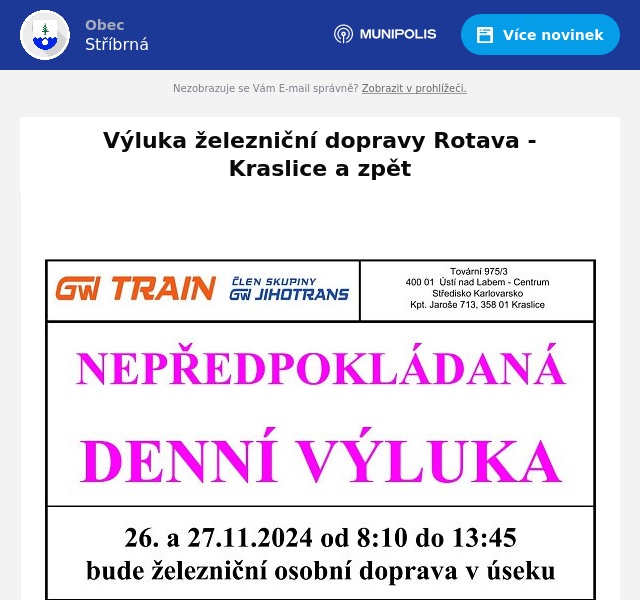 Náhledový obrázek článku: Výluka železniční dopravy Rotava - Kraslice a zpět