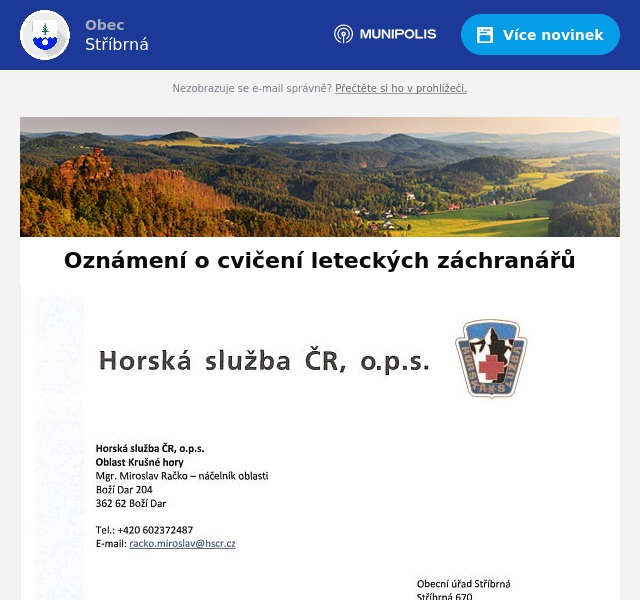 Náhledový obrázek článku: Oznámení o cvičení leteckých záchranářů
