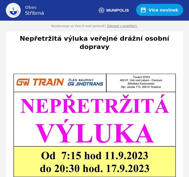Náhledový obrázek článku: Nepřetržitá výluka veřejné drážní osobní dopravy
