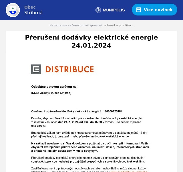 Náhledový obrázek článku: Přerušení dodávky elektrické energie 24.01.2024