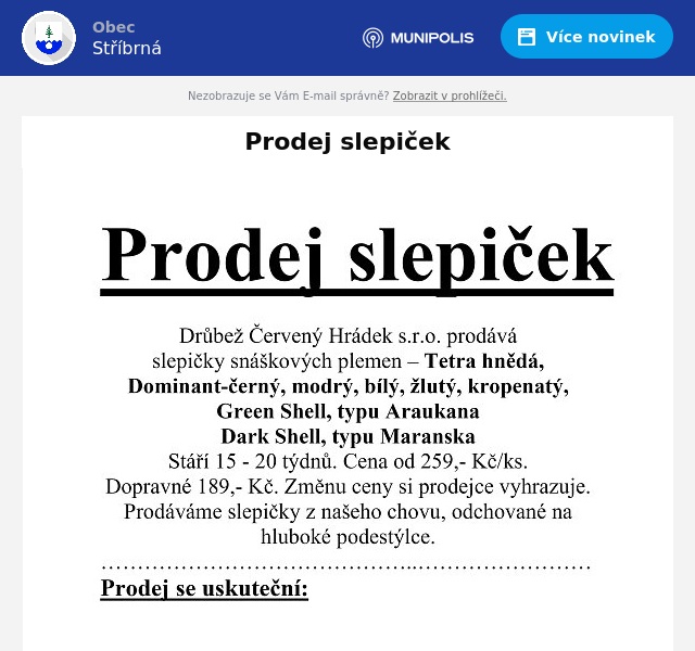 Náhledový obrázek článku: Prodej slepiček