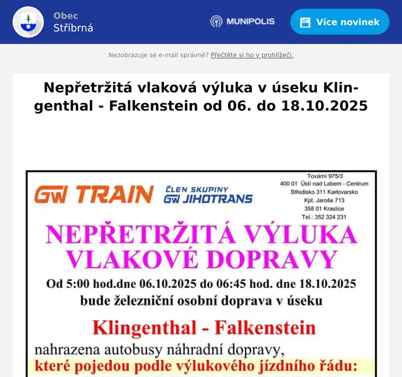Náhledový obrázek článku: Nepřetržitá vlaková výluka v úseku Klingenthal - Falkenstein od 06. do 18.10.2025