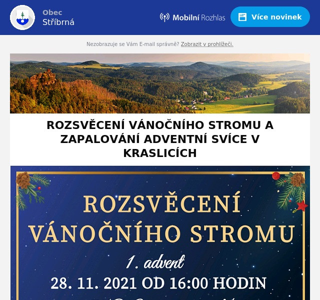 Náhledový obrázek článku: ROZSVĚCENÍ VÁNOČNÍHO STROMU A ZAPALOVÁNÍ ADVENTNÍ SVÍCE V KRASLICÍCH