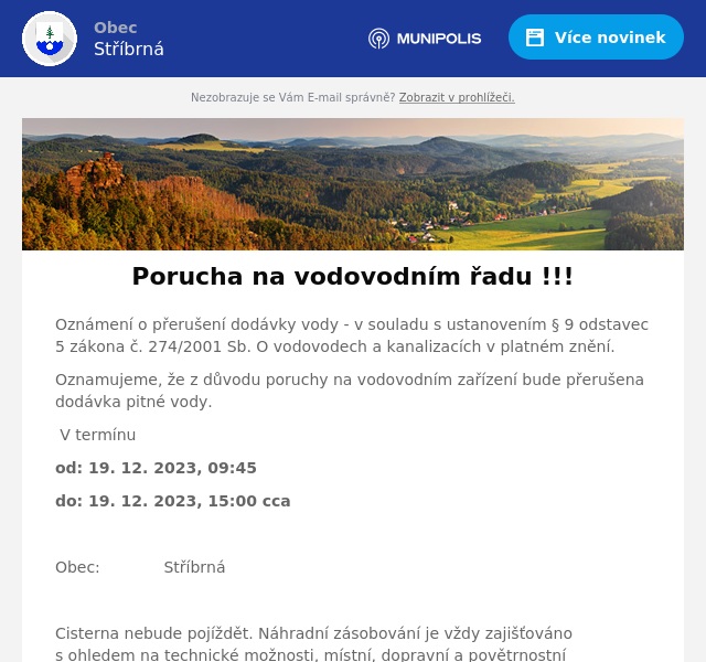 Náhledový obrázek článku: Porucha na vodovodním řadu !!!