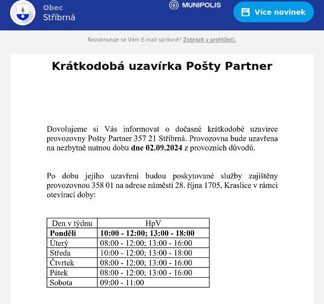 Náhledový obrázek článku: Krátkodobá uzavírka Pošty Partner